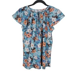 SimpleFun Womens Blue Tropical Floral Flutter Sleeve Blouse Top Size Small